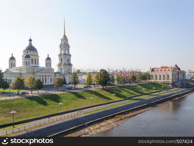 Volga embankment in Rybinsk with Peter and Paul Cathedral, Yaroslavl region, Russia