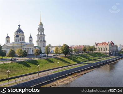 Volga embankment in Rybinsk with Peter and Paul Cathedral, Yaroslavl region, Russia