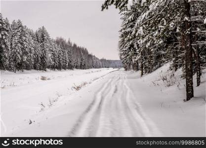 Volga-Uvod canal in the middle of a pine forest on a cloudy winter day, Russia.