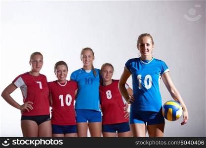volleyball game sport with group of young beautiful girls indoor in sport arena ball net