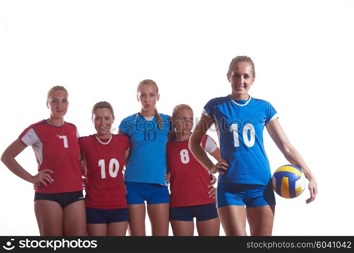 volleyball game sport with group of young beautiful girls indoor in sport arena ball net