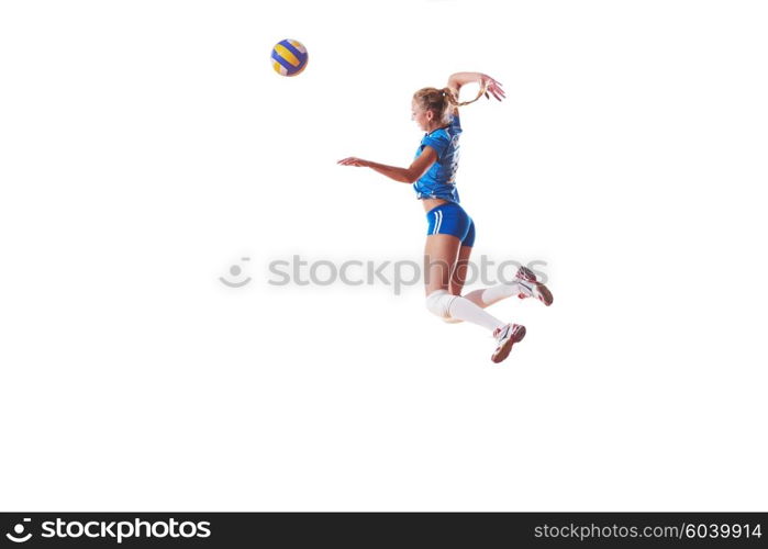 volleyball woman jump and kick ball isolated on white background. volleyball woman isolated on white background