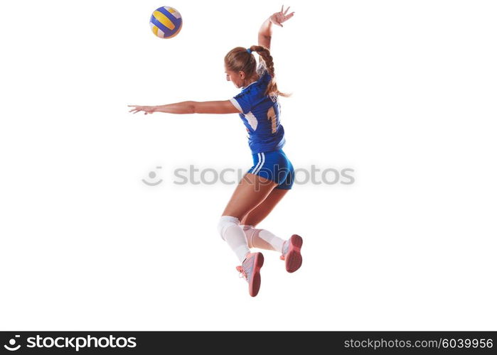 volleyball woman jump and kick ball isolated on white background. volleyball woman isolated on white background