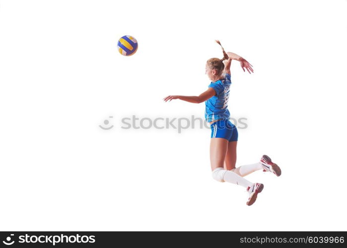 volleyball woman jump and kick ball isolated on white background. volleyball woman isolated on white background