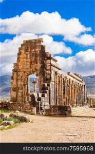 Volubilis near Meknes in Morocco. Volubilis is a ruined Amazigh, then Roman city in Morocco near Meknes, UNESCO World Heritage Site.