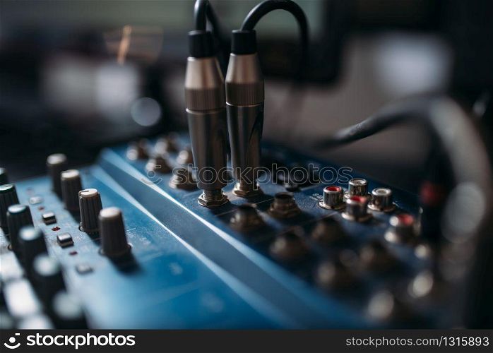 Volume level control panel, closeup. Professional audio engineering