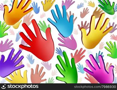 Volunteer hands community concept as a symbol of a group of colorful human hands raised in the air representing multi ethnic cultural diversity in friendship working together as a team for social success.