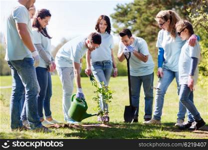 volunteering, charity, people and ecology concept - group of happy volunteers planting and watering tree with can in park