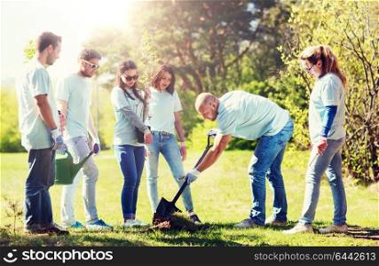 volunteering, charity, people and ecology concept - group of happy volunteers planting tree and digging hole with shovel in park. group of volunteers planting tree in park