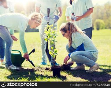 volunteering, charity, people and ecology concept - group of happy volunteers planting tree and digging hole with shovel in park. group of volunteers planting tree in park