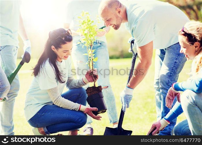 volunteering, charity, people and ecology concept - group of happy volunteers planting tree and digging hole with shovel in park. group of volunteers planting tree in park. group of volunteers planting tree in park
