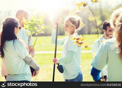 volunteering, charity, people and ecology concept - group of volunteers with garden tools planting trees and talking in park. group of volunteers planting trees in park