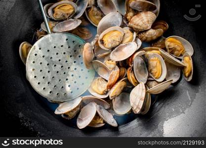 Vongole in a pot of water. On a black background. High quality photo. Vongole in a pot of water.