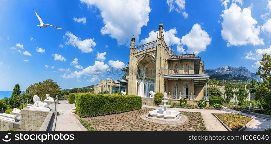 Vorontsov palace in Crimea, Southern facade panoramic view.. Vorontsov palace in Crimea, Southern facade panoramic view