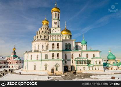 Voskresensky cathedral towers and golden domes with inner yard of New Jerusalem Monastery, Istra, Moscow region