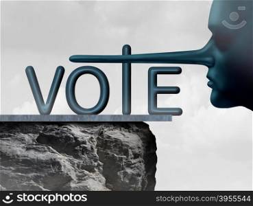 Vote liar and voting deception symbol as a human with a long lying nose as a metaphor for dishonesty and voter fraud in an election.