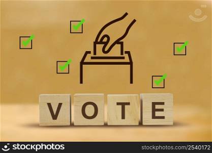 Vote on word letters cube, hand putting voting paper in the ballot box , illustration.
