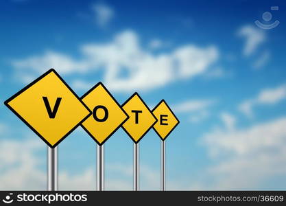 vote on yellow road sign with blurred sky background