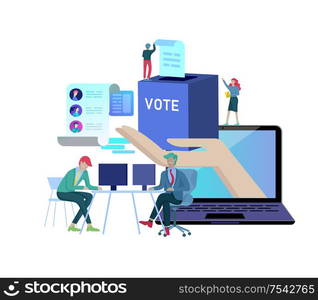 Voting and Election concept. Pre-election campaign. Promotion and advertising of candidate. Citizens debating candidates for voting and voting Online voting and election concept with people.. Voting and Election concept. Pre-election campaign. Promotion and advertising of candidate.