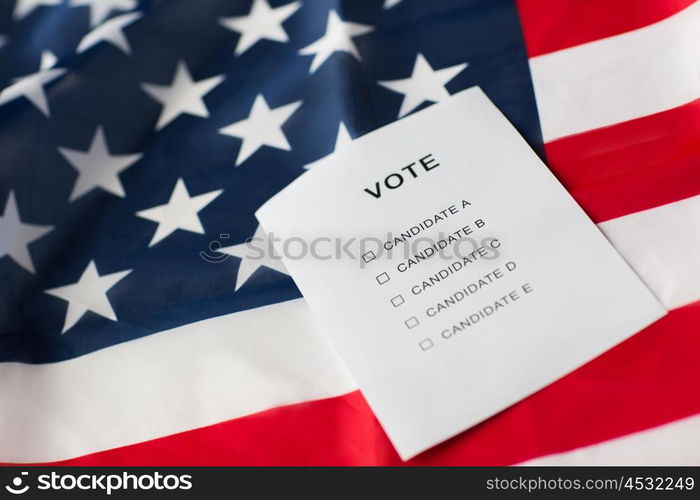 voting, election and civil rights concept - empty ballot or vote on american flag