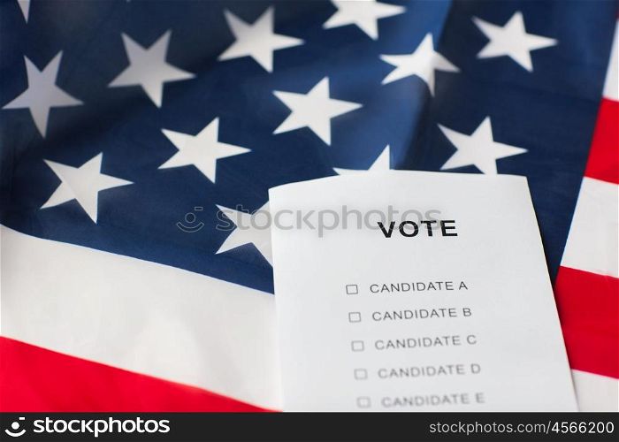 voting, election and civil rights concept - empty ballot or vote on american flag
