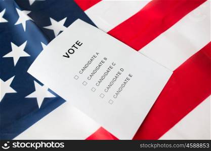 voting, election and civil rights concept - empty ballot or vote on american flag