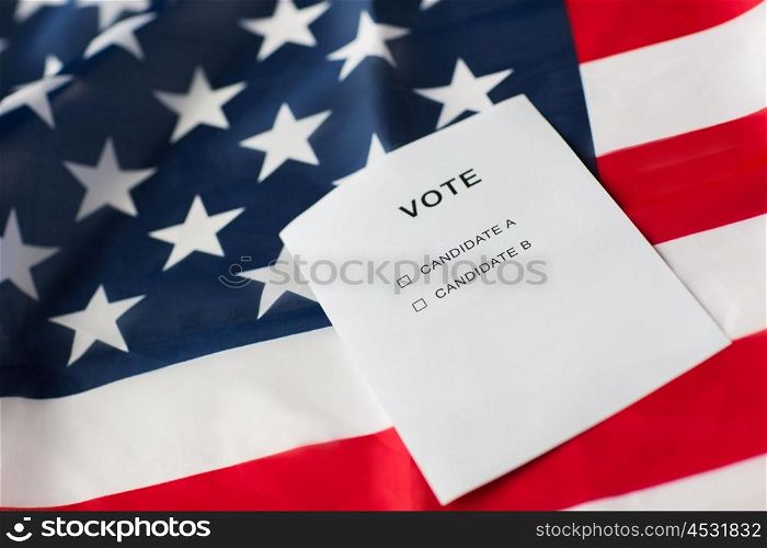 voting, election and civil rights concept - empty ballot or vote with two candidates on american flag