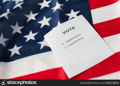 voting, election and civil rights concept - empty ballot or vote with two candidates on american flag