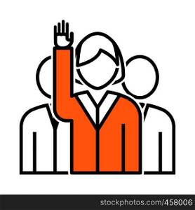Voting Lady With Men Behind Icon. Thin Line With Orange Fill Design. Vector Illustration.