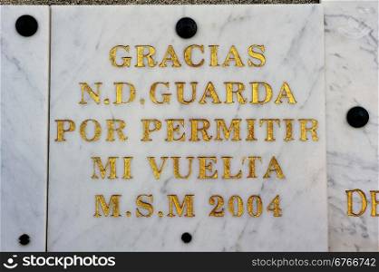votive offerings or thanksgiving to Our Lady of the Guard of Marseille materialized by a marble plaque for a wish come true