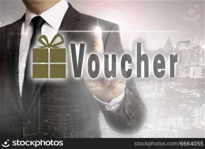 Voucher is shown by businessman concept.. Voucher is shown by businessman concept