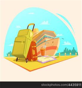 Voyage Cartoon Concept . Voyage cartoon concept with cruise ship juice and suitcases vector illustration