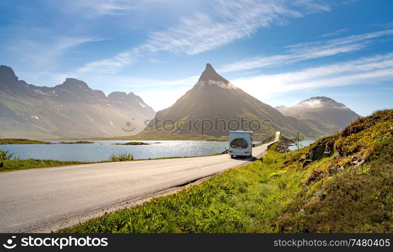 VR Caravan car travels on the highway. Tourism vacation and traveling. Beautiful Nature Norway natural landscape.