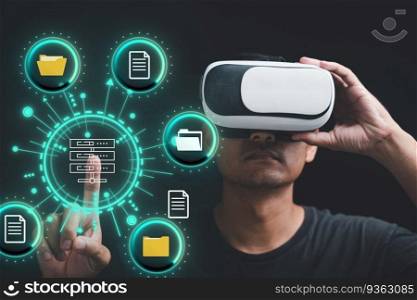 VR glasses wearing man exploring immersive metaverse with internet connectivity. Emphasizing role of document management systems evolving technology. Virtual reality meets efficient file organization
