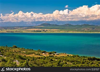 Vransko lake and landscape aerial view, Dalmatia, Croatia