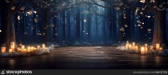 W∫er forest with cand≤s and falling snow. 3d rendering illustration.