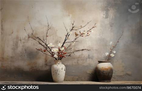 Wabi-sabi inspired still life  a tranquil scene with a vase and nature’s arrangements. AI Generative. Wabi-sabi inspired still life. AI Generative