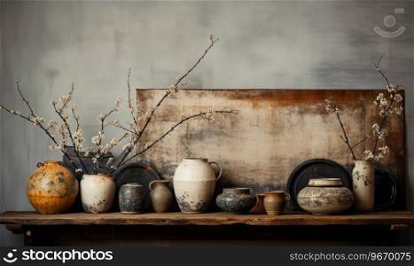 Wabi-sabi inspired wooden shelf with imperfect pots and a charming teapot, celebrating impermanence. AI Generative. Wabi-sabi inspired wooden shelf. AI Generative