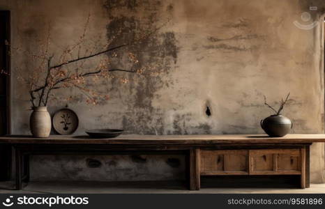 Wabi-sabi interior with vases on a shelf and table, capturing the essence of serene simplicity. Rustic wooden shelf displaying a curated collection of vases. Created with generative AI tools. Wabi-sabi interior with vases on a shelf and table, . Created by AI