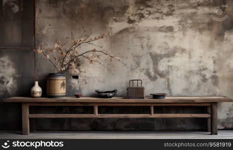 Wabi-sabi interior with vases on a shelf and table, capturing the essence of serene simplicity. Rustic wooden shelf displaying a curated collection of vases. Created with generative AI tools. Wabi-sabi interior with vases on a shelf and table, . Created by AI