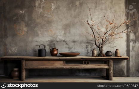 Wabi-sabi interior with vases on a shelf and table, capturing the essence of serene simplicity. Rustic wooden shelf displaying a curated collection of vases. Created with generative AI tools. Wabi-sabi interior with vases on a shelf and table, . Created by AI