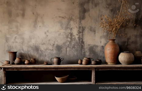 Wabi-sabi interior with vases on a shelf and table, capturing the essence of serene simplicity. Rustic wooden shelf displaying a curated collection of vases. Created with generative AI tools. Wabi-sabi interior with vases on a shelf and table. Created by AI