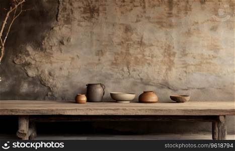 Wabi-sabi interior with vases on a shelf and table, capturing the essence of serene simplicity. Rustic wooden shelf displaying a curated collection of vases. Created with generative AI tools. Wabi-sabi interior with vases on a shelf and table, . Created by AI