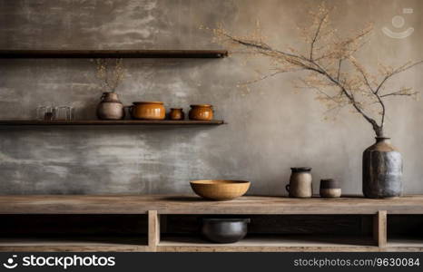 Wabi-sabi interior with vases on a shelf and table, capturing the essence of serene simplicity. Rustic wooden shelf displaying a curated collection of vases. Created with generative AI tools. Wabi-sabi interior with vases on a shelf and table, . Created by AI