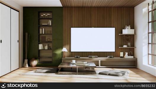 Wabisabi style living interior Concept Green japanese room.3D rendering