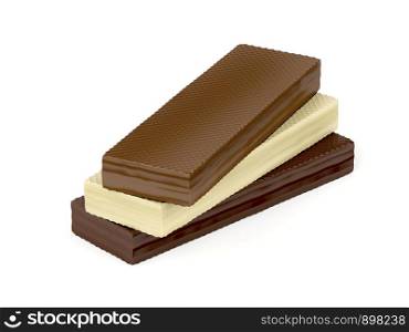 Wafers with different chocolate on white background