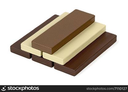 Wafers with different types of chocolate on white background