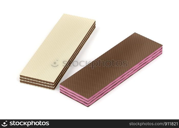 Wafers with strawberry and chocolate filling on white background