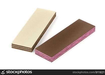 Wafers with strawberry and chocolate filling on white background