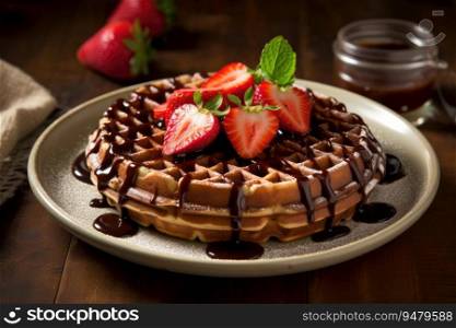 Waffle cake with fresh fruits, fresh summer food. Generative Ai
